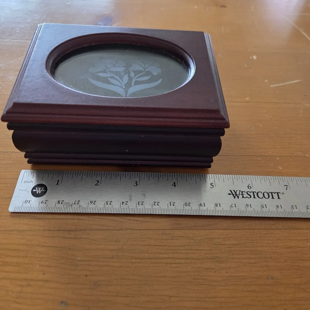 Small Wood Jewelry Box Glass Oval With Etched Flower Top